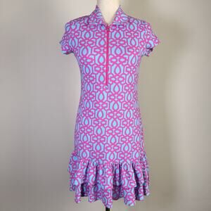 IBKUL Dress XS Coquette Ruffle Blue/Pink Short Sleeve Golf Tennis Pickleball